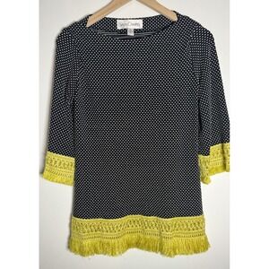Sara Campbell Fringed Top Black Polka Dot yellow Fringe CuffHem XS Made In USA